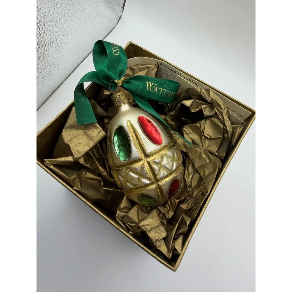 Waterford Holiday Heirlooms Colleen Holiday Egg‎ Glass Ornament Small Red Green